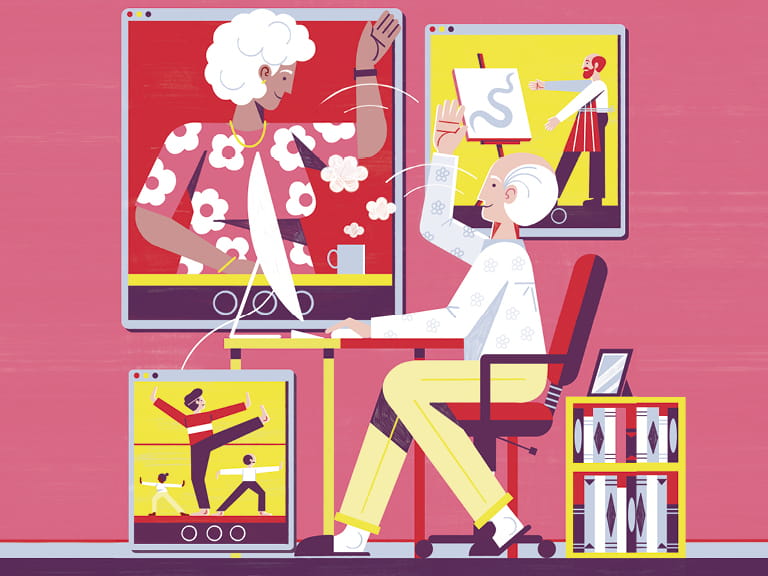 Illustration of man at desk learning online