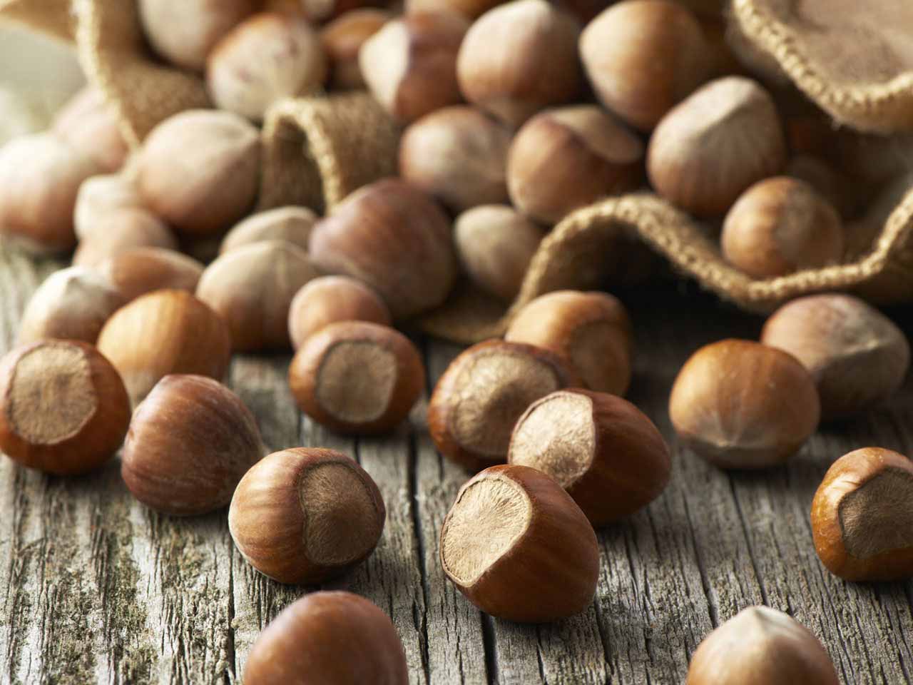 Filberts on wooden background