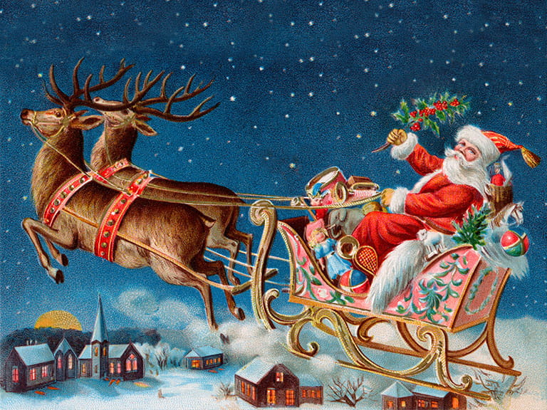 A nostalgically retro painting of Santa and his reindeerr