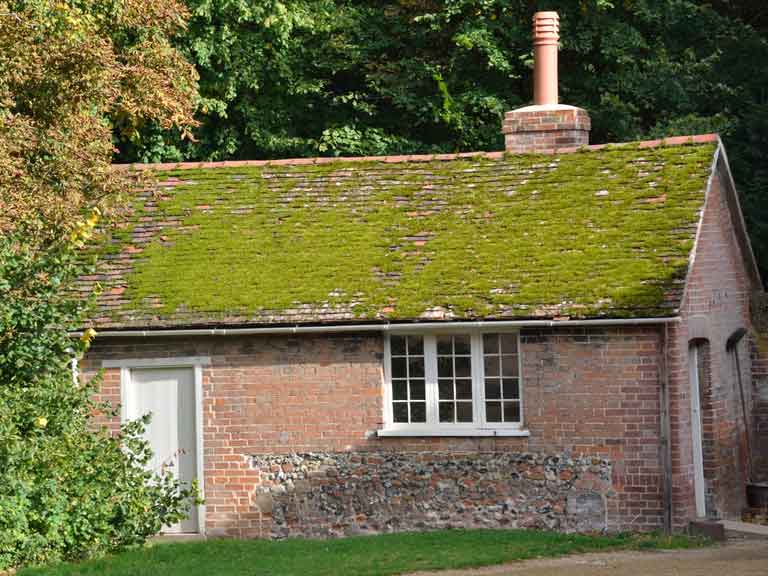 Red brick rural cottage with a roof covered in moss.