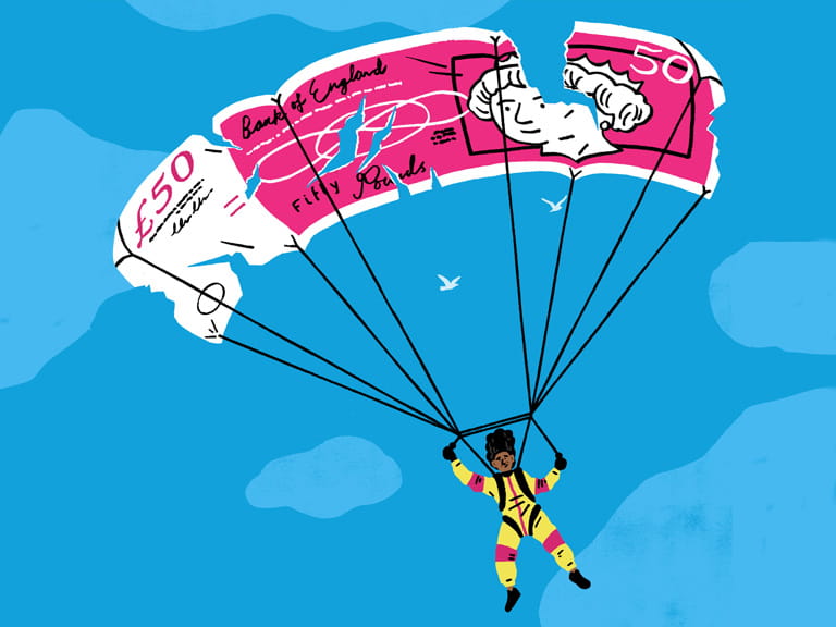 Illustration of a man with parachute made of money