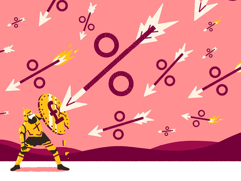 Stylised graphic of a knight holding up a shield with arrows made from % symbols flying at him on a pink background. 