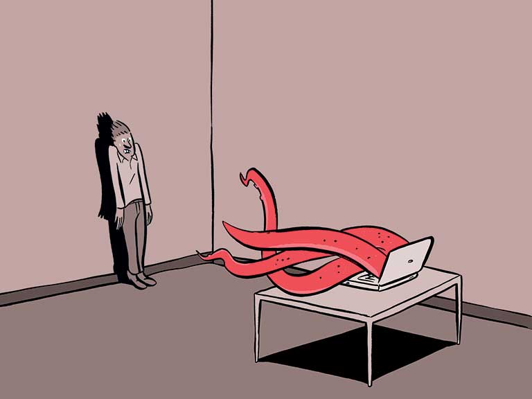 Illustration of a man hiding from the monsters in the laptop to represent a scam epidemic