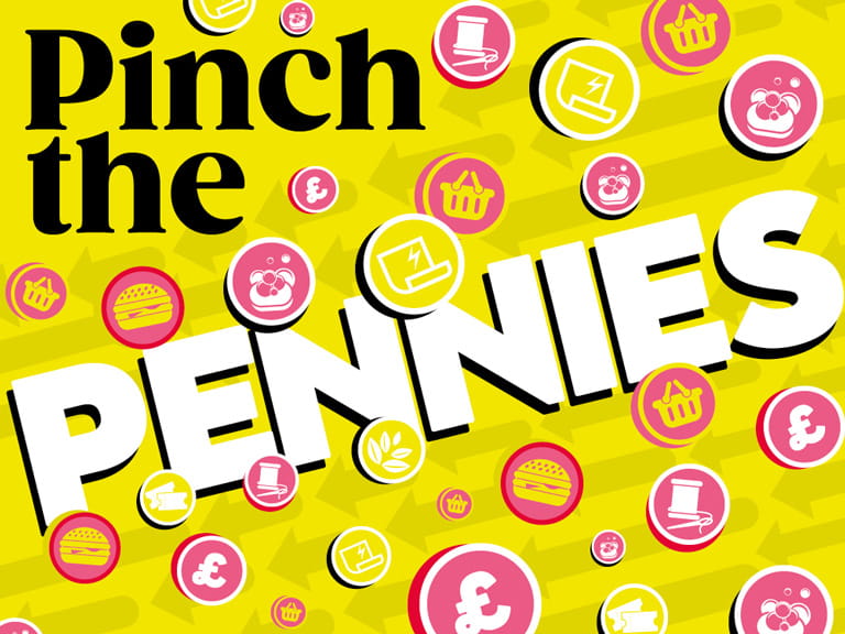 Text reading 'pinch the pennies' with money and shopping icons