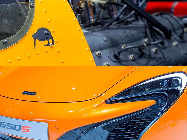Two images, one of a McLaren M7C racing car from the 1960s featuring the kiwi logo prominently, and a modern McLaren 650S sportscar with the small McLaren logo, but vaguely kiwi-shaped headlights!