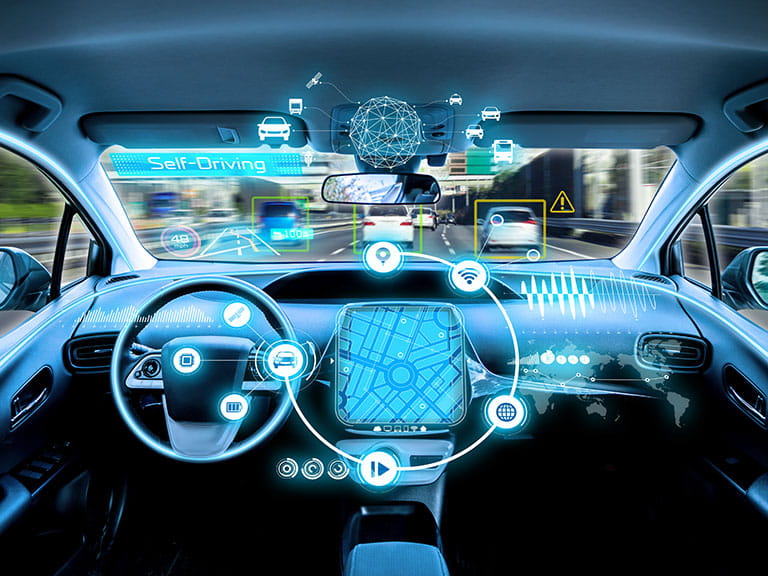 A car dashboard with the concept of smart technology superimposed on top