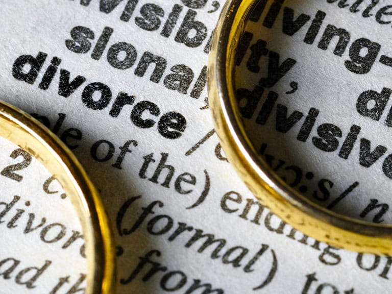 Two wedding rings on a dictionary entry about divorce