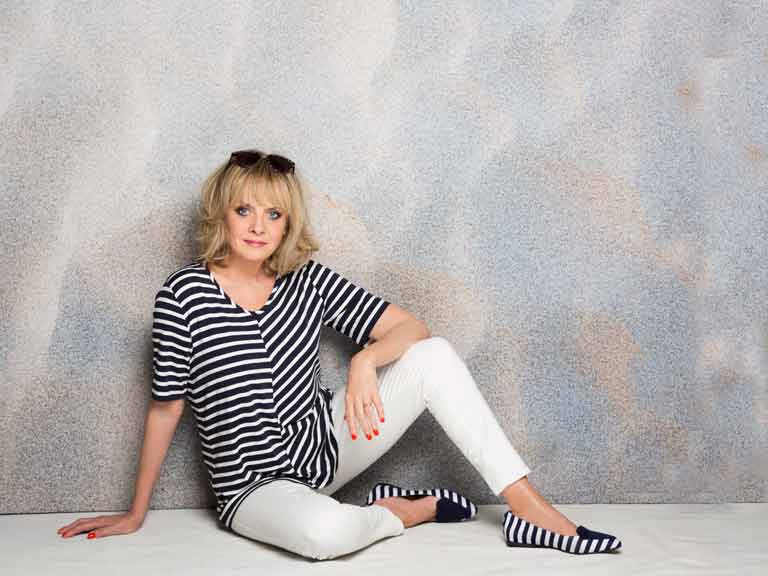 Twiggy in a striped tee, £22.50, and lace-up jeans, £35, both M&S