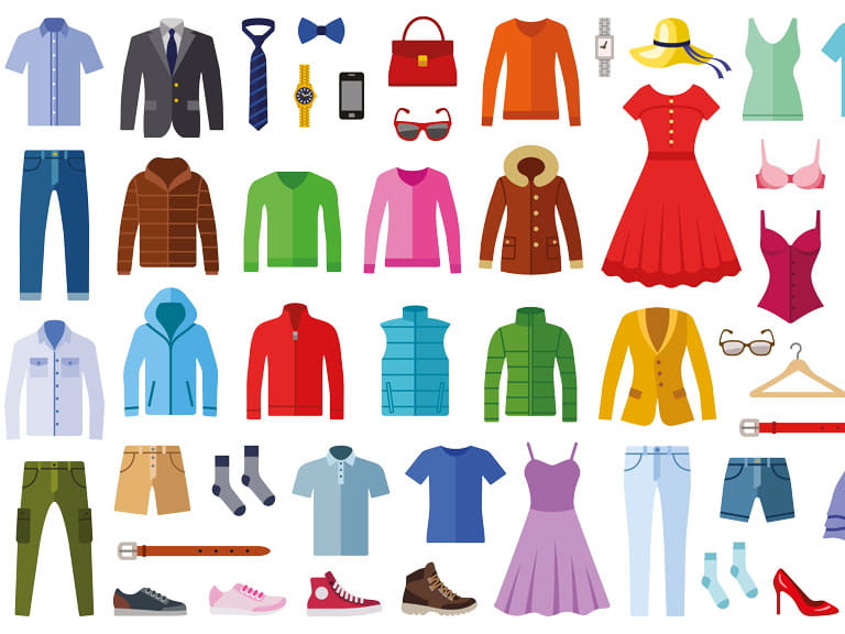 Illustration of lots of colourful clothes and accessories