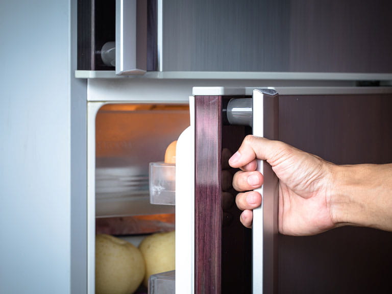 Hand opening a fridge freezer door
