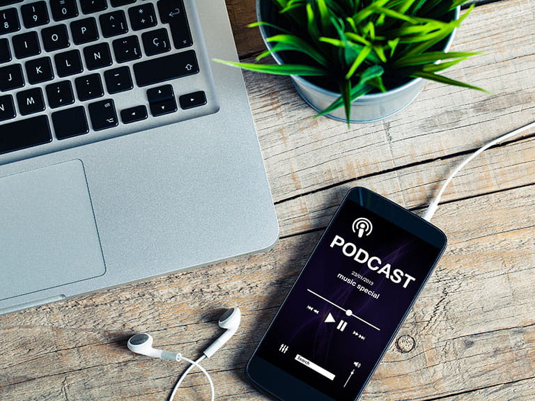 A phone with podcasts downloaded to it