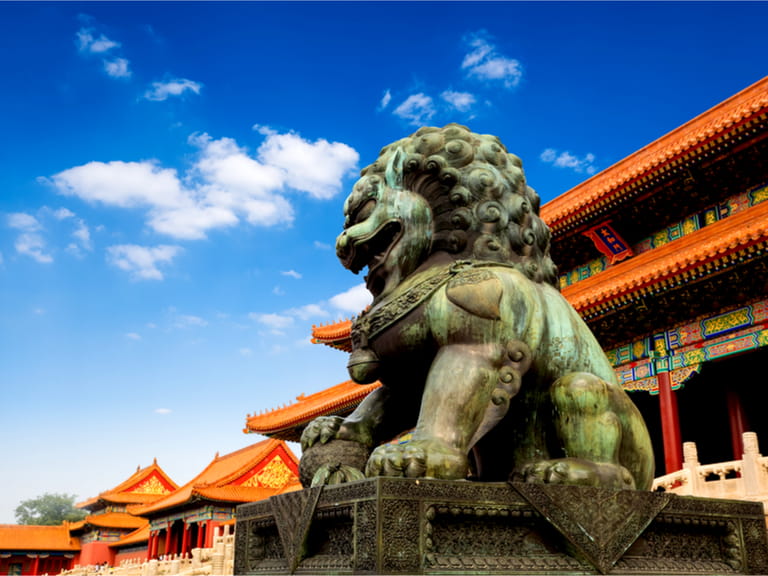bronze lion in front of the hall of supreme harmony in beijing forbidden city, China