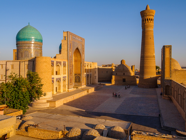 Panoramic view of the complex Poi Kolon at sunset, Bukhara, Uzbekistan