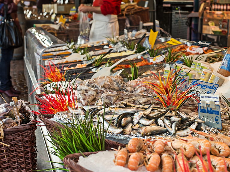 Fish for sale at open market at Rue Mouffetard in Paris, France.