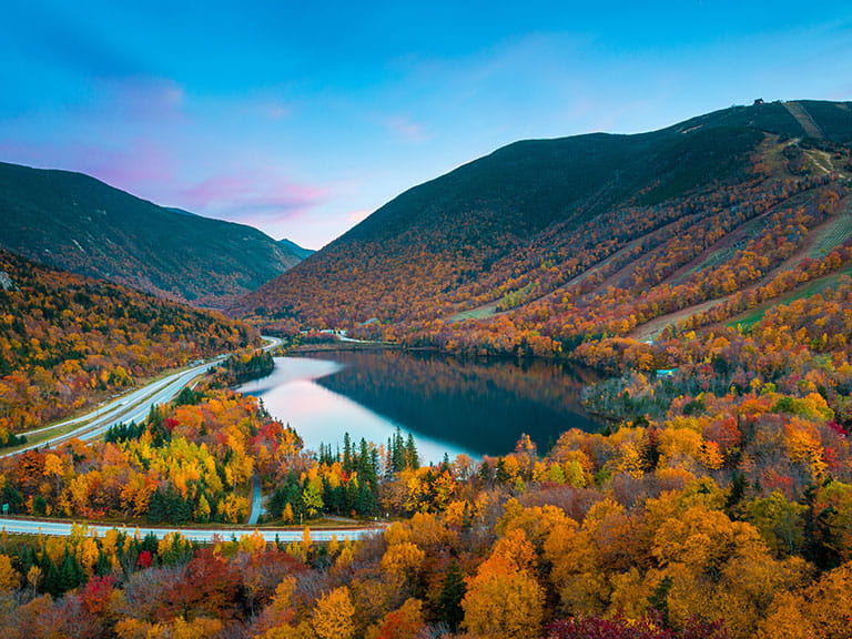 A scenic view of the White Mountains National Forest in New England during fall, or autumn