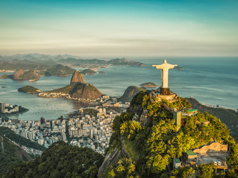 Aerial panorama of Christ and Sugar Loaf Mountain, Rio De Janeiro, Brazil. Vintage colors