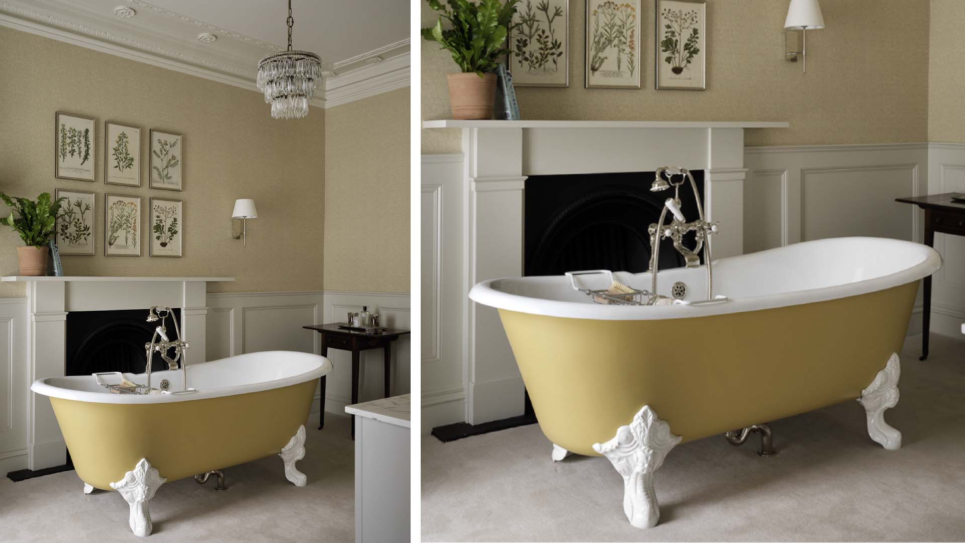 A traditional bathroom with a free-standing claw-footed bath in a light yellow, set before a fireplace in a pretty yellow bathroom