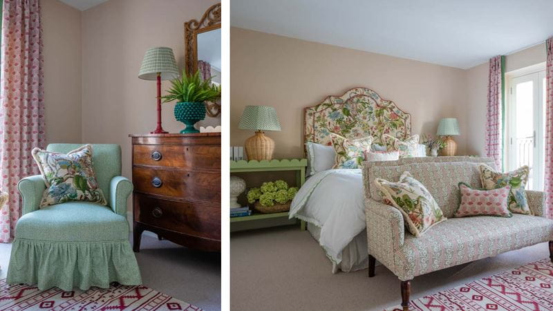 A classic bedroom design with traditional furnishings in floral prints and walls painted a light pink