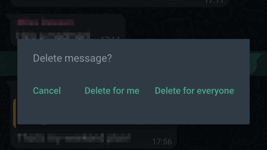 A screenshot to show the delete function in Whatsapp