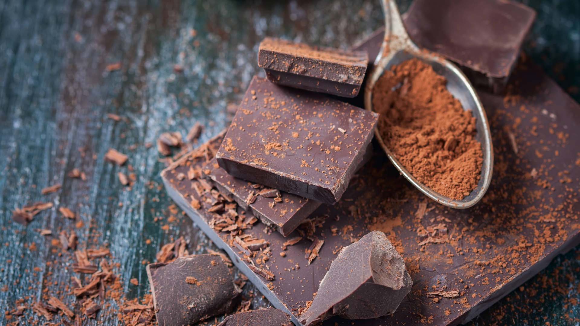 Close-up of dark chocolate pieces and a spoon of cocoa powder against a dark background