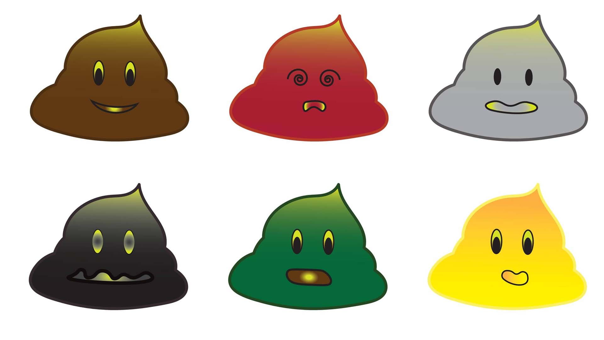 Cartoons of six differently coloured poos