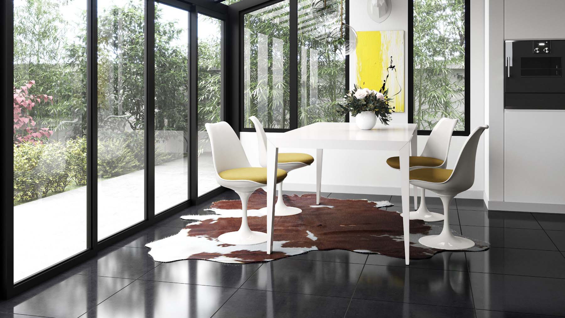 Contrast black tiles with white furniture and a pop of colour for impact