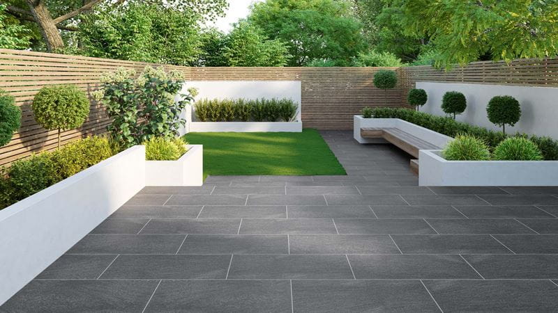 a long garden with raised beds around its edges