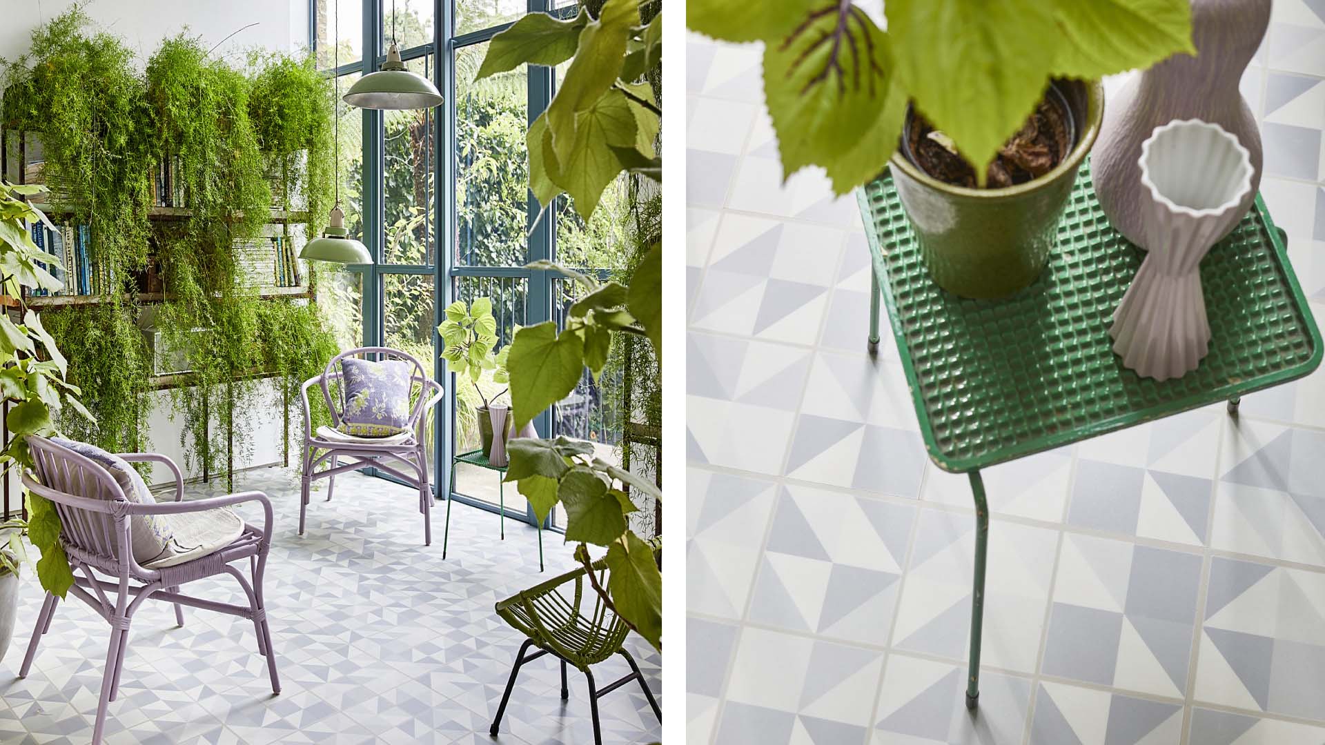 Wicker and metal furniture pair well with lush subtropical plants
