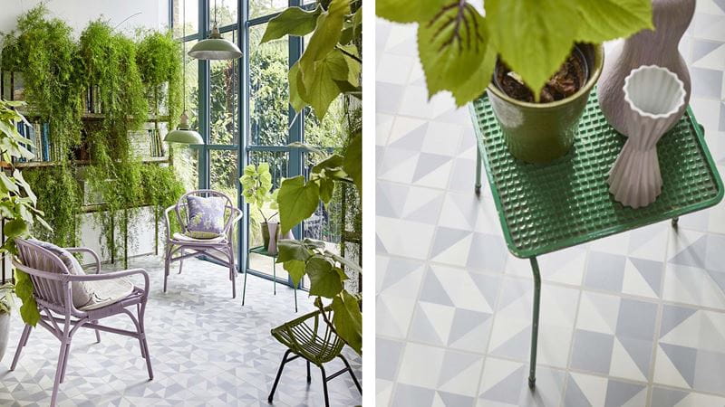 Wicker and metal furniture pair well with lush subtropical plants