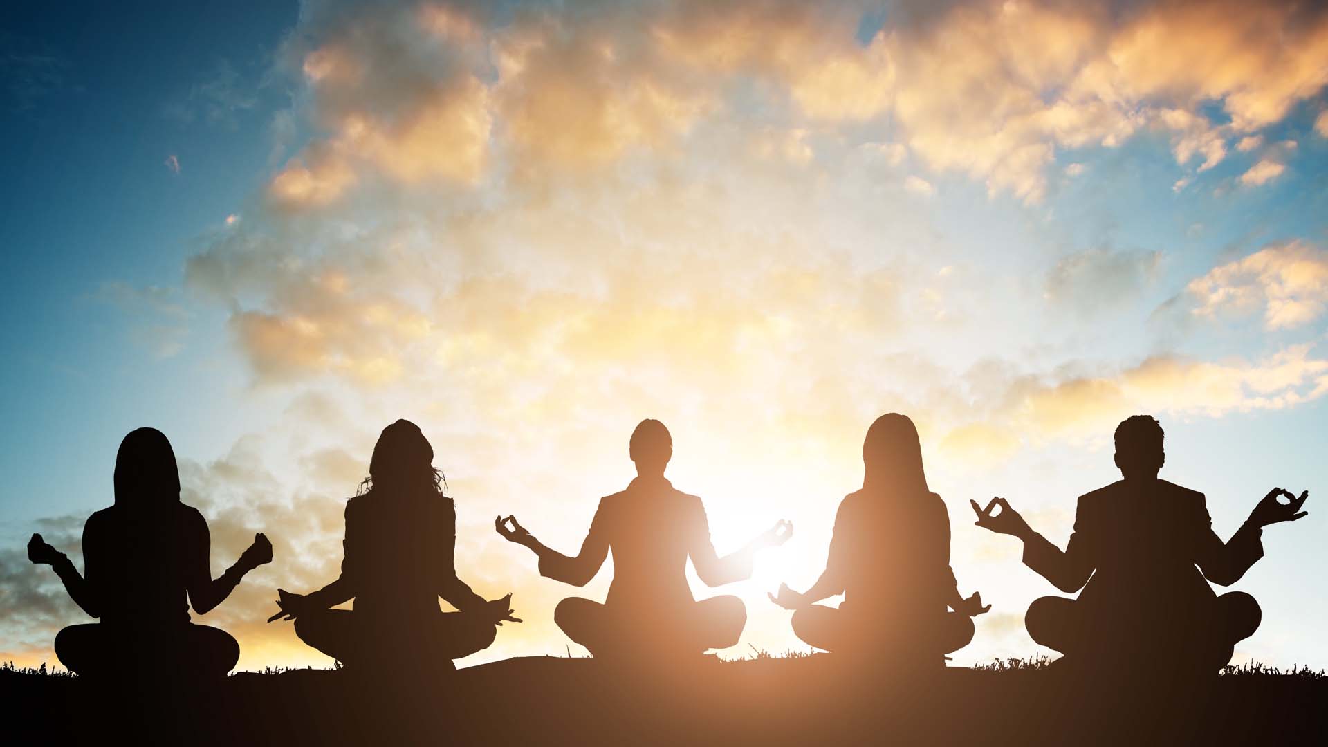 Silhouette of five people sitting cross-legged practicing yoga against a blue sky and sunset