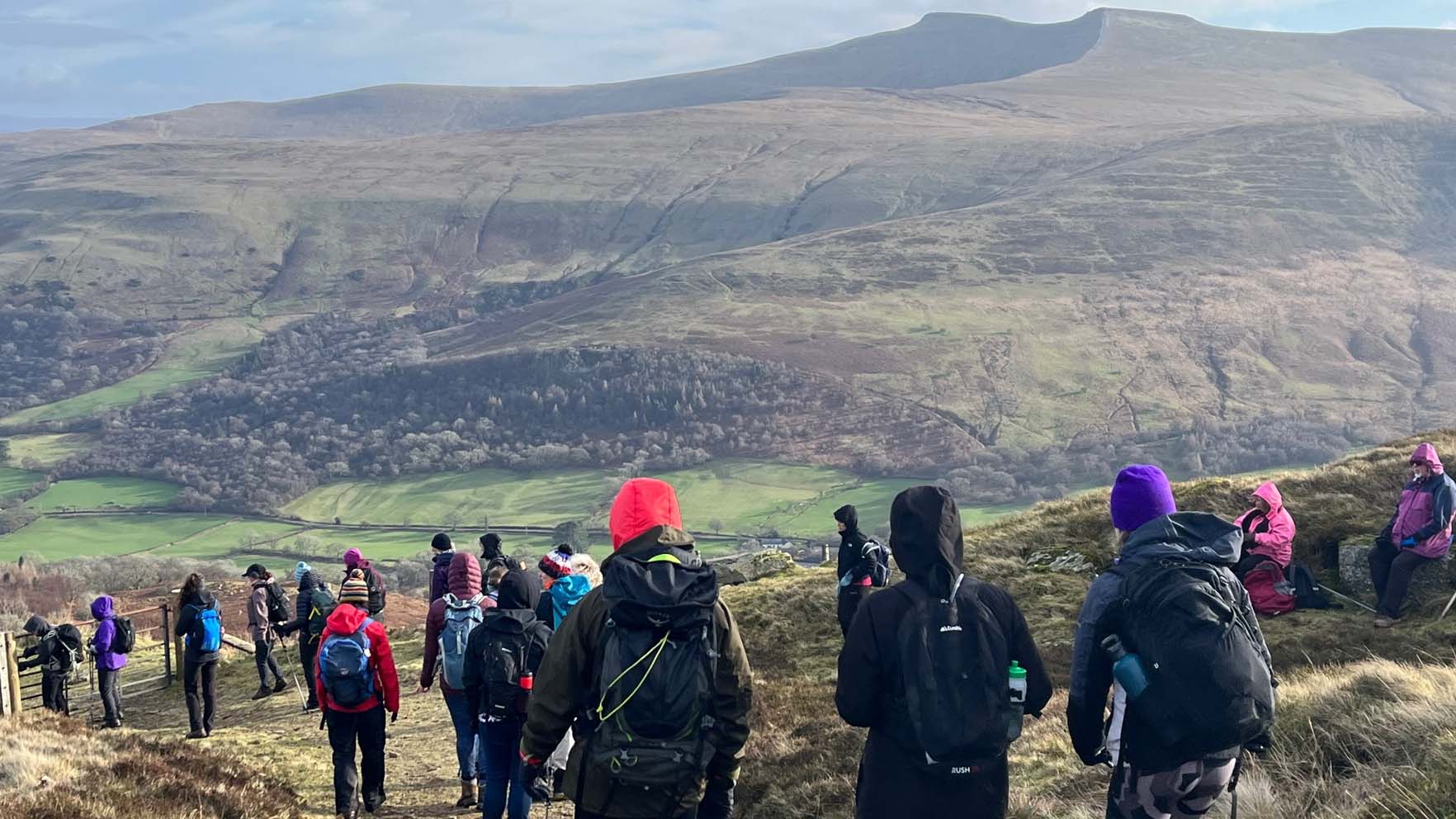 A group of hikers descending from a hike
