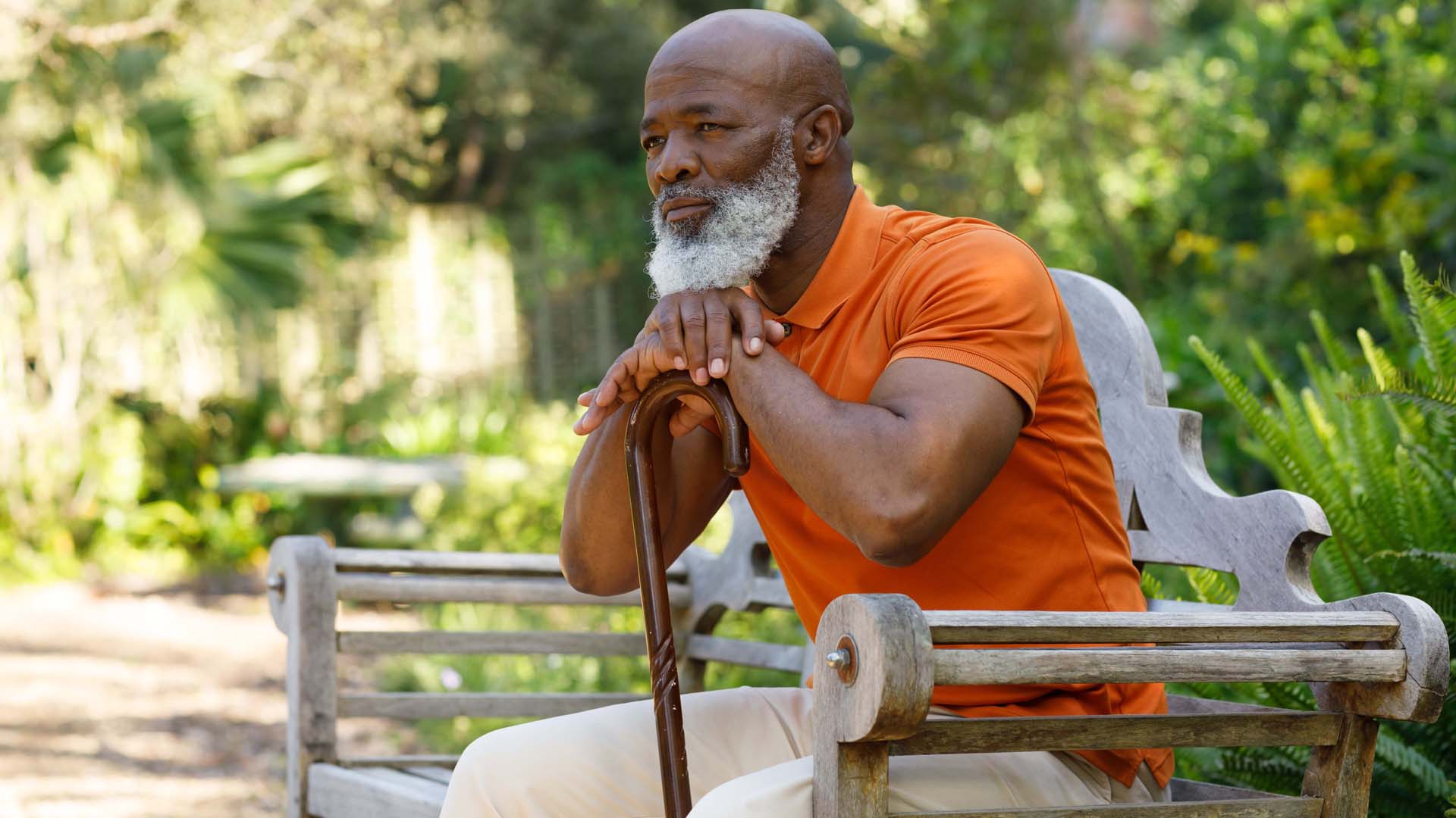 An older man with a white beard sits contemplatively on a bench with his chin resting on his hands, which are propped up by a walking stick.