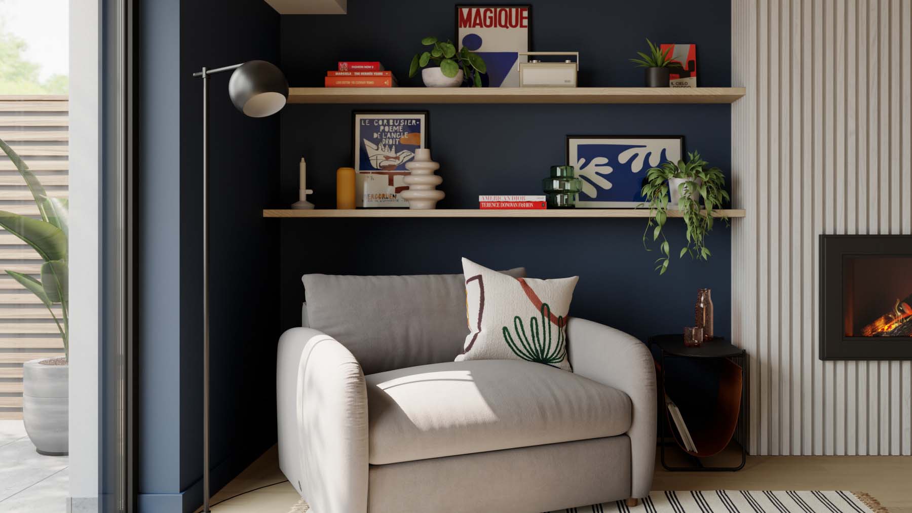 Dark walls help create a cosy reading nook 