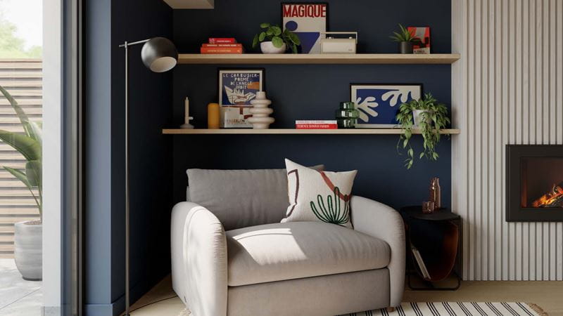 Dark walls help create a cosy reading nook
