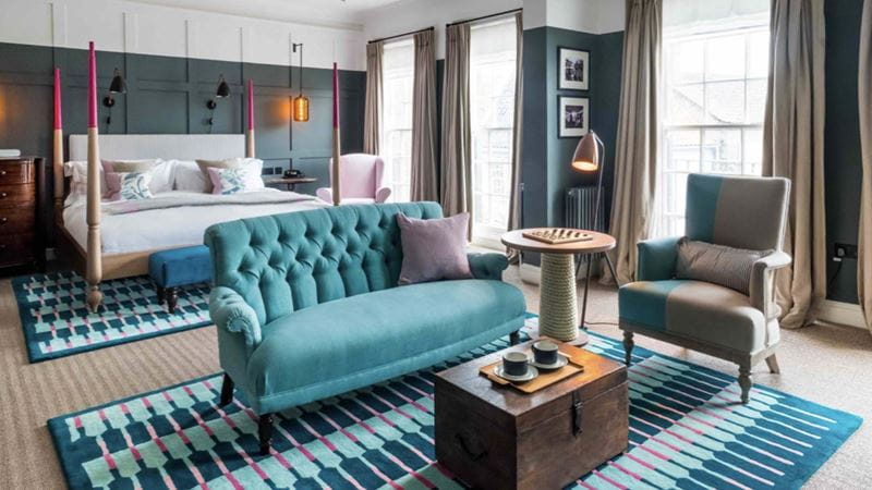 Regal blues and sandy neutrals at The Swan, Southwold