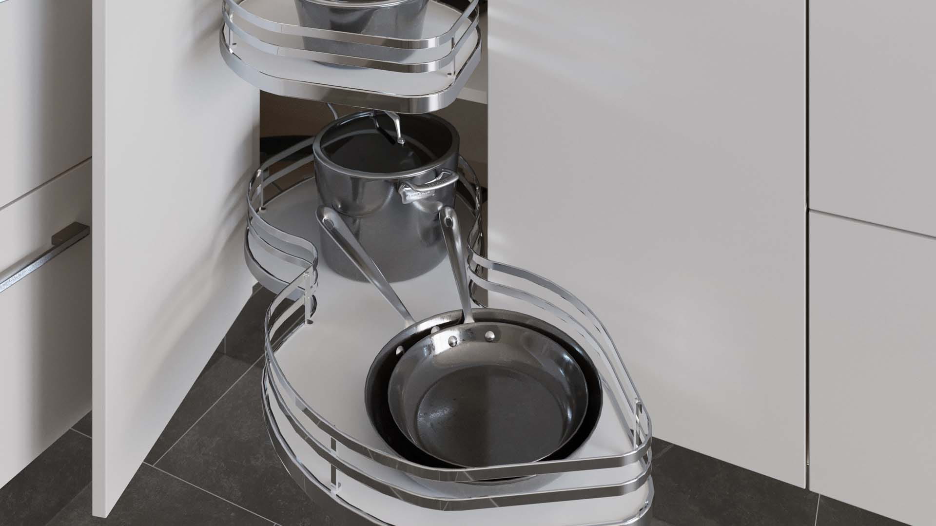 These Le Mans pull-out cupboard fittings make pans easier to access. 