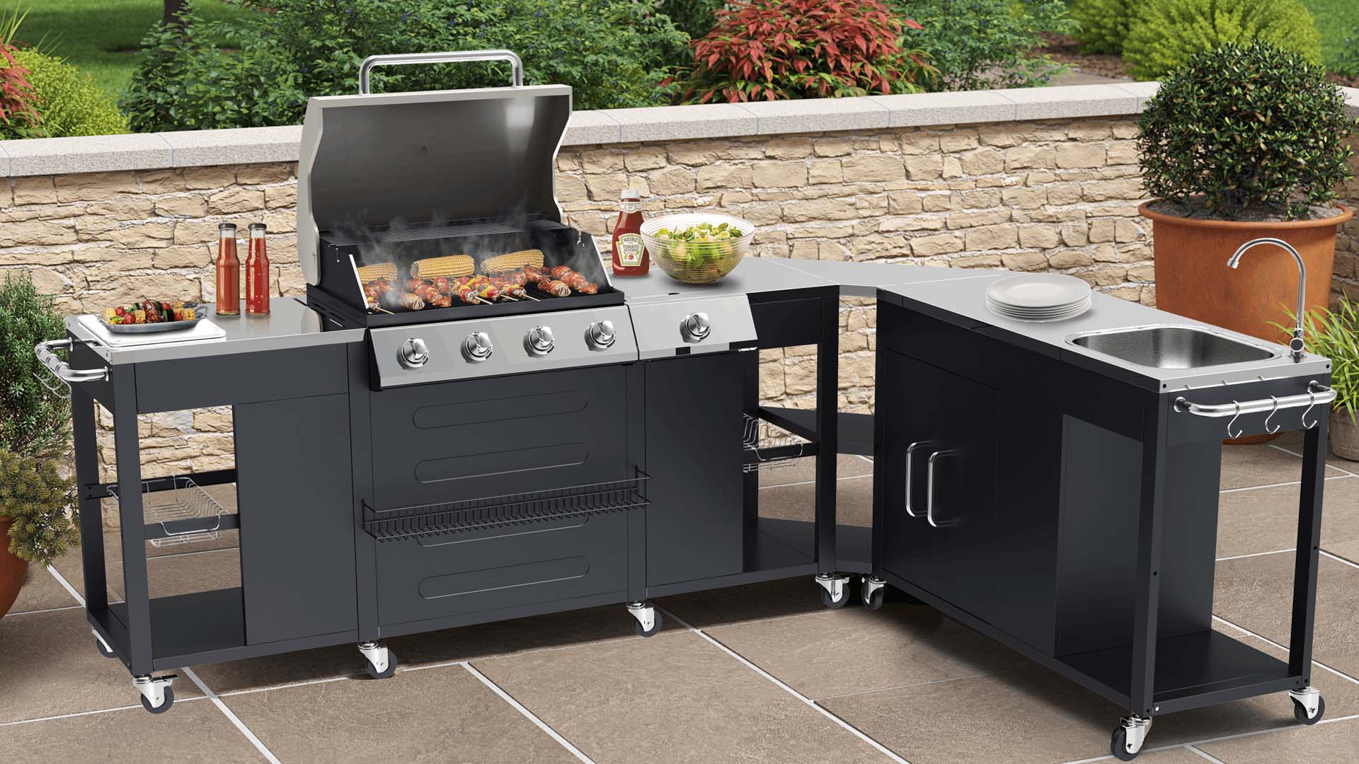 A modular, outdoor kitchen unit on wheels in an 'L' shape.