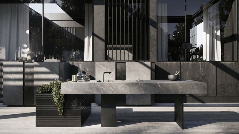 a sleek an outdoor kitchen, in grey and slate colours