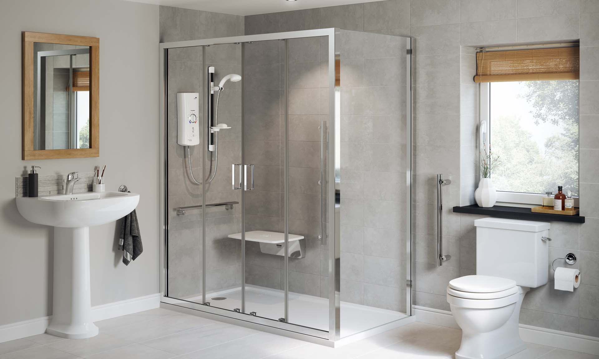 A bathroom decorated in cool white tones