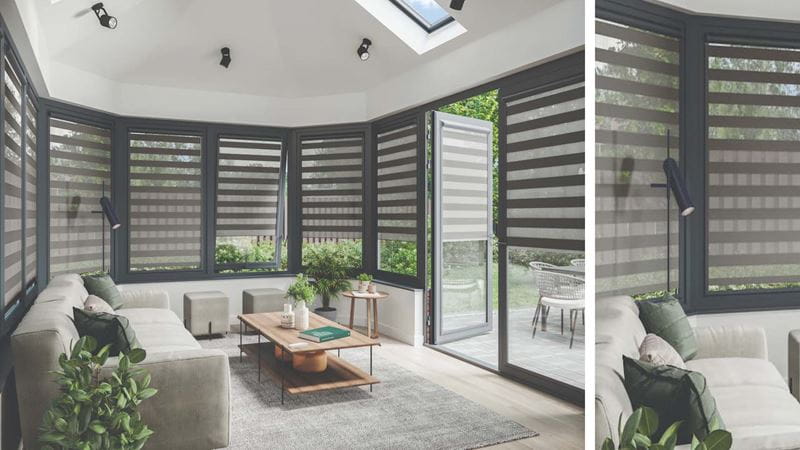 Interior view of a conservatory with dark blinds