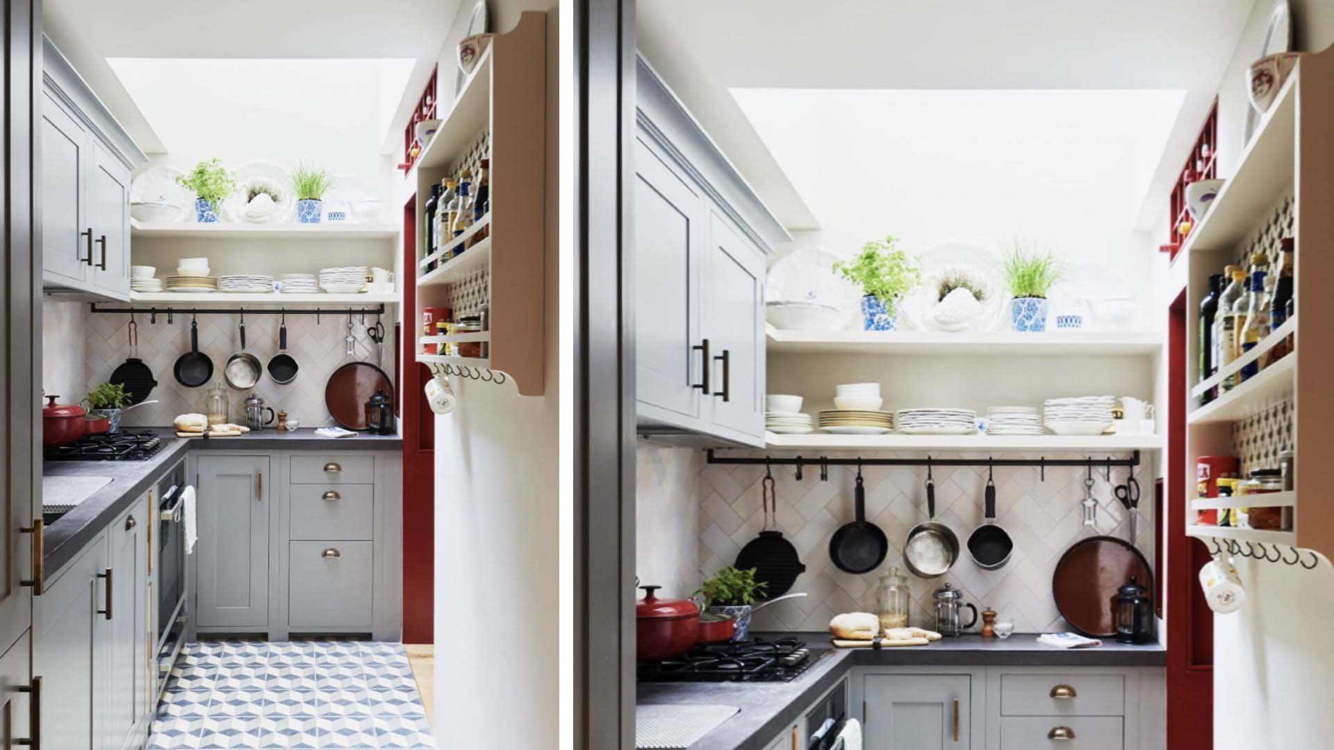 Lovely small kitchen by Neptune with utensils hanging from shelves