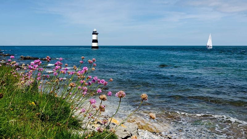 A view from the coast over the sea to a yacht