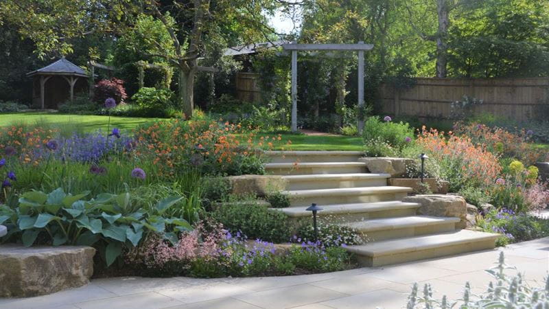 A patio with stone steps leading up to a lawn and various garden structures, surrounded by planted borders which are blooming with flowers.