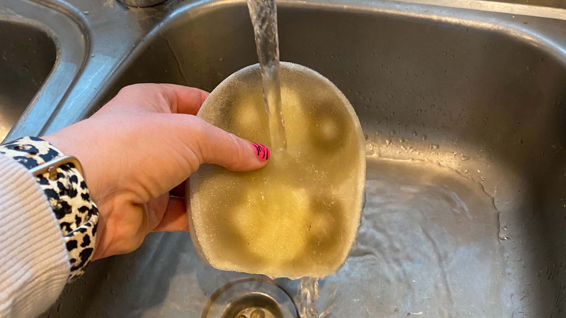 A person washing their Shark filter pads under water in the kitchen sink
