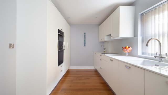 A white galley kitchen