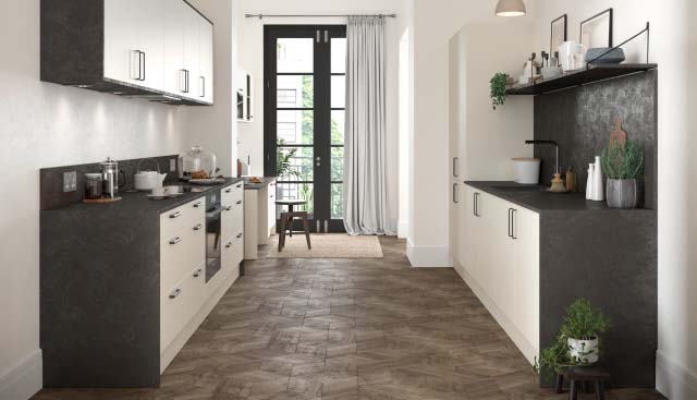 A black and white galley kitchen