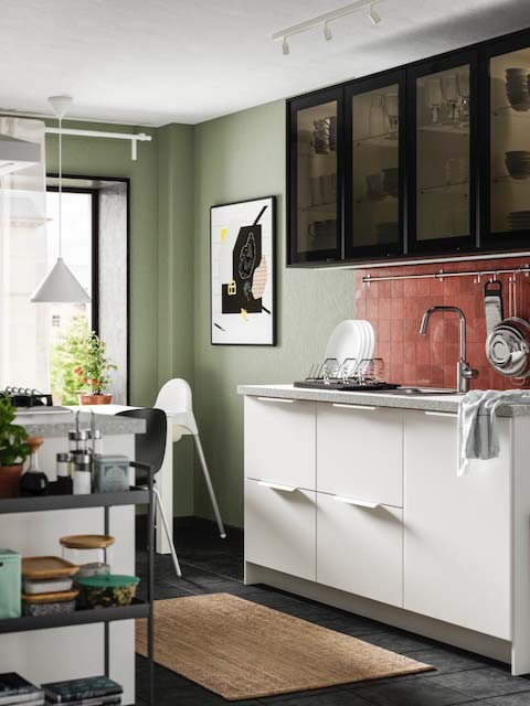 A black and white galley kitchen