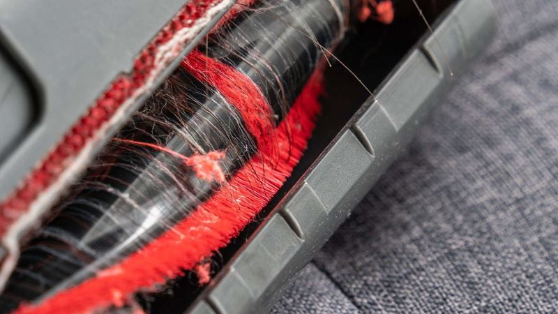 The brush of a vacuum clogged with hair