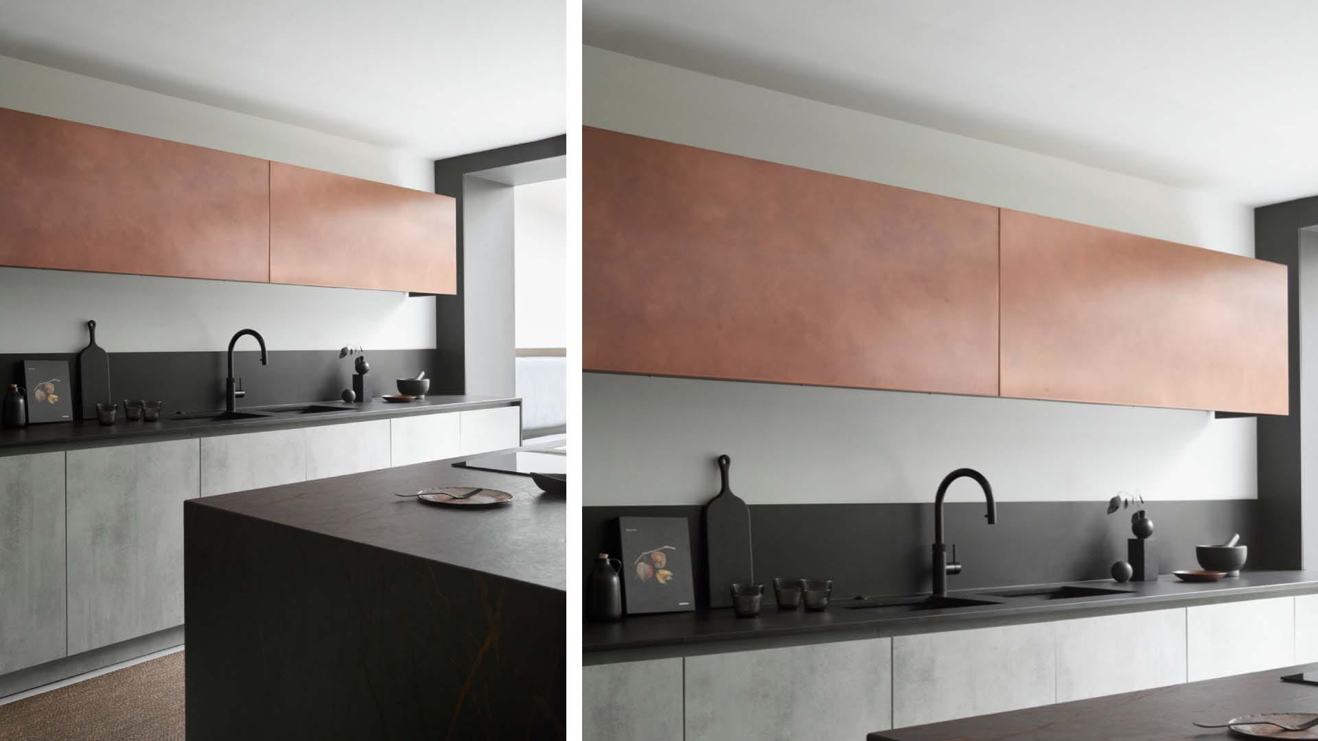 Grey kitchen counters with a copper panel above them