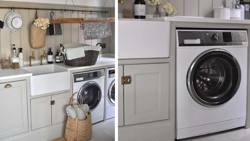 picture of washing machine in situ in utility room with cream cupboards and belfast sink